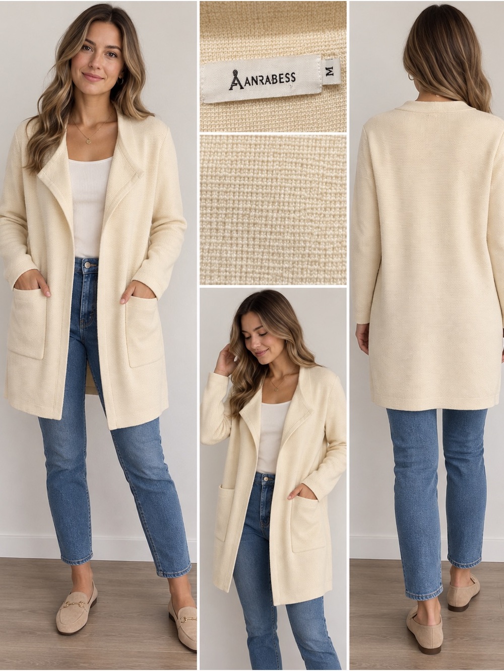 ANRABESS Cream Open Front Long Cardigan Size Medium Minimalist Neutral